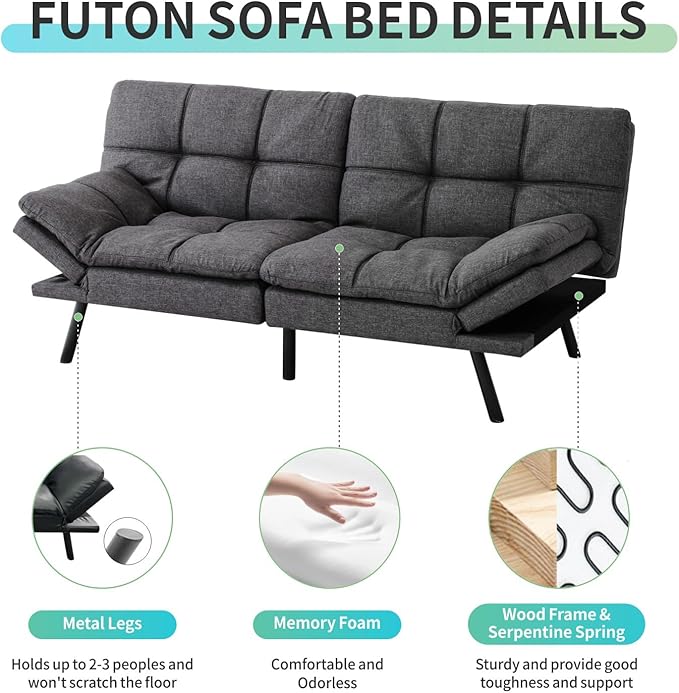 MUUEGM Memory Foam Futon Sofa Bed Adjustable Backrests Armrests Convertible Modern Design Couch for Living Room Apartment Office Small Room 71 Daybed Dark Gray
