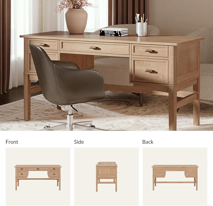 HULALA HOME 56 Home Office Desk with 5 Drawers and Hidden Compartment Drawer Mid-Century Modern Computer Desk with Solid Wood Legs Executive Desk for Work Study Writing Oak