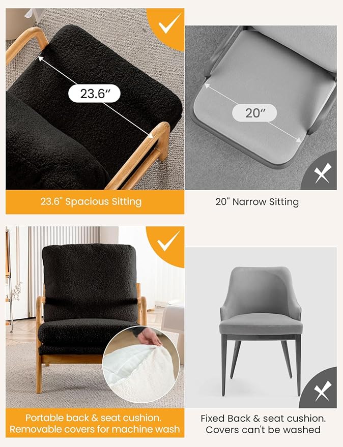 Mid Century Modern Accent Chairs for Living Room 23” Wide Comfy Chair for Bedroom Small Cozy Sherpa Reading Chairs for Adults 108° Lounge Arm Chair Indoor with Detachable Cover 5.5 Foam Cushion