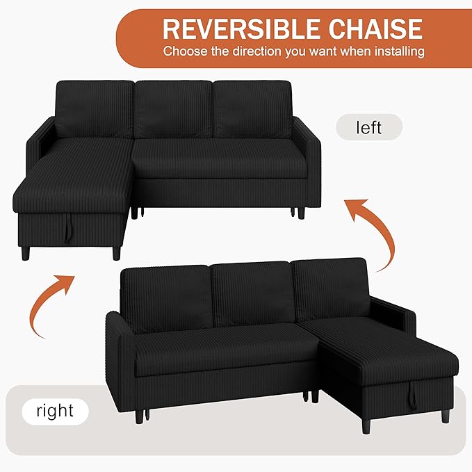 Vongrasig Pull Out Couch 2 in 1 Small Sofa Bed Sleeper Sofa with Storage 77 L Shaped Convertible Sofa with Storage Chaise for Living Room Apartment Black