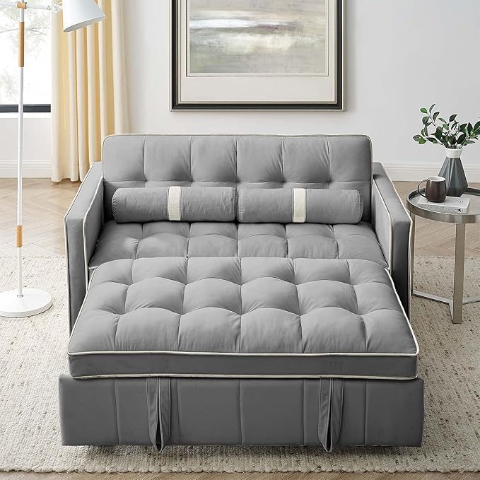 Sleeper Sofa Couch w/Pull Out Bed 55 New Upgraded Tufted Velvet Convertible Sleeper Couch Bed Small Love seat Sofa w/ 2 Pillows for Small Space Living Room Apartment Beige