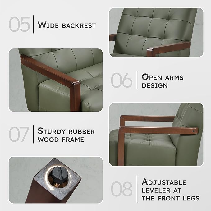 Lexicon Modern Accent Chair Luxury Genuine Leather Match Living Room Chair with Tufted Cushions Solid Wood Frame and Arm Rest Comfy Upholstered Single Seat for Bedroom/Reading/Office Green