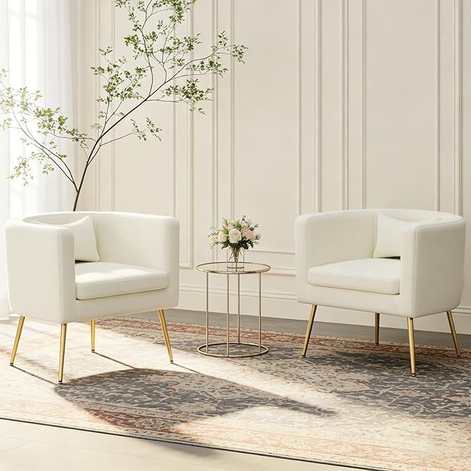 Velvet Accent Chair Set of 2 Modern Barrel Armchair with Lumbar Pillow &amp Gold Legs Upholstered Club Chairs for Living Room/Bedroom/Guest Reception White