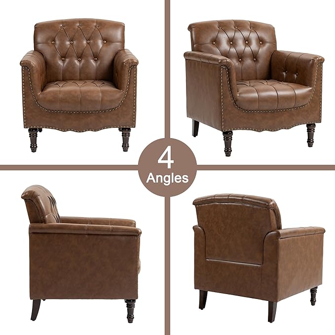 Faux Leather Accent Chair Modern Armchair Club Chair with Nailhead Trims &amp Wood Legs for Living Room Upholstered Comfy Arm Chair Side Chair for Office Bedroom-Brown