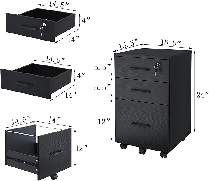 3 Drawers Wooden Locking File Cabinet with Storage Removable File Cabinet for Home OfficeUnder Desk Filing Cabinets(Black)