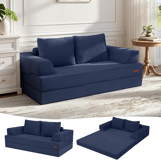 COMAX Convertible Sofa Bed Folding Floor Couch Corduroy Fold Out Couch Bed Futon Sleeper Mattress with Pillows Boneless Sofa Comfy Lounge Loveseat for Living Room Bedroom Navy