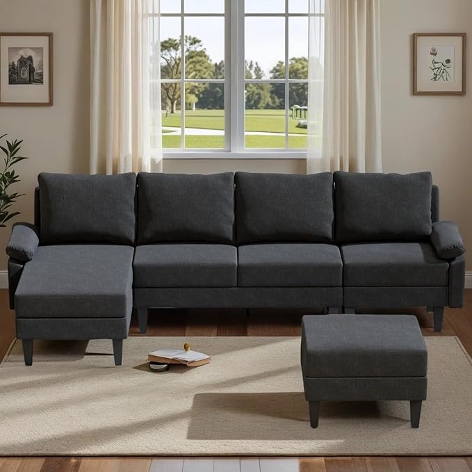 4-Seat U-Shaped Modular Sofa with Double Storage Ottoman - Space-Saving Convertible Lounge Couch for Home &amp Office Black
