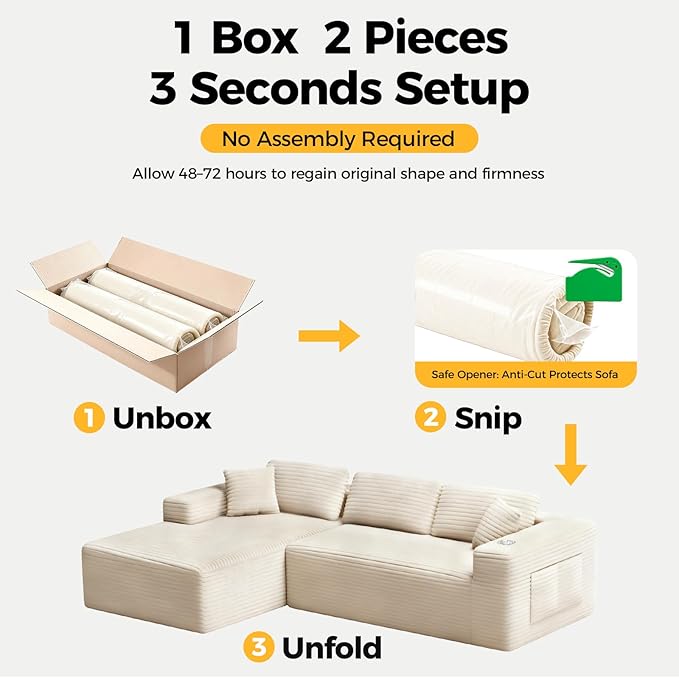108” Cloud Sectional Couch in One Box Compressed Modular Sectional Sofa with Deep Seat Corduroy Boneless Couches L-Shaped Sofa for Living Room 4 Storage Pockets(Left Facing Chaise Beige)