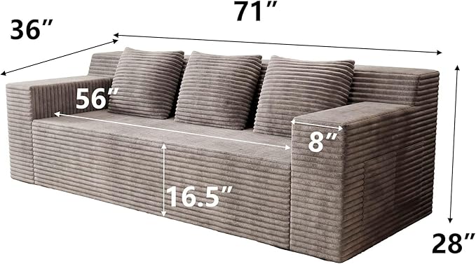 71 Small Boneless Couch Corduroy 3 Seater Couch for Living Room with 3 Pillows &amp Armrests Deep Seat Sofa for Small Spaces Apartment﻿ (Camel) | Small Boneless Couch