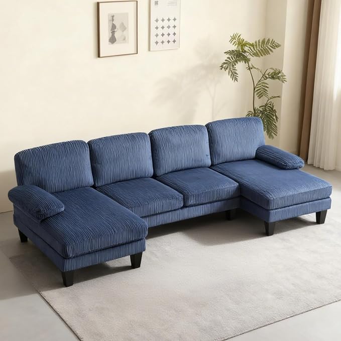 Karl home U-Shape Sectional Sofa Couch 111 Modern 4-Seat Sofa with Chaises Corduroy Fabric Upholstered Covertible Couch with Wood Grain Legs for Living Room Reception Room Apartment Navy Blue