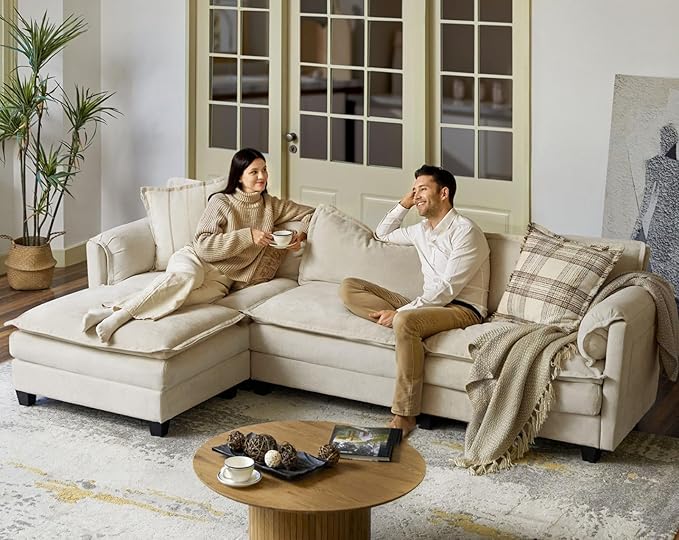 EcoHarbor 108 Modular Sectional Sofa for Living Room Modern 4 Seat L Shaped Cloud Couch with Elephant Ears Armrests Comfy Dual-Layer Cushions Deep Seat &amp Side Storage Pockets Beige