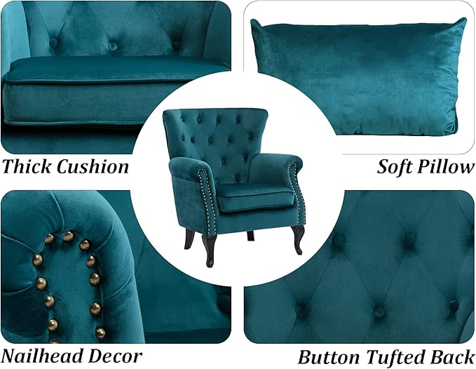 Mid Century Accent Chair Modern Button Tufted Armchair Wingback Club Chair Velvet Single Sofa Lounge Chair with Pillow for Living Room Bedroom Teal Blue