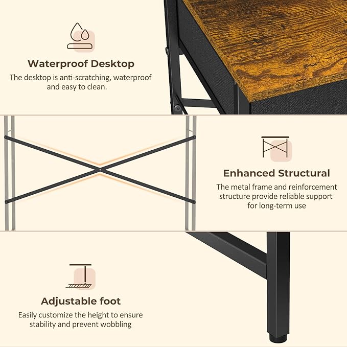 Small Writing Desk for Kids Bedroom 31.5 Inch Computer Desk for Small Spaces Simple Desk with 2 Fabric Drawers for Home Office Dorm Living Room Home Study Table Rustic Brown