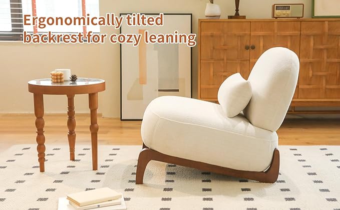 White Armless Accent Chairs Comfy Upholstered Cloud Accent Chair with Solid Wood Legs &amp Pillow for Living Room Bedroom Balcony &amp Patio Reading - Unique Design (White 1)