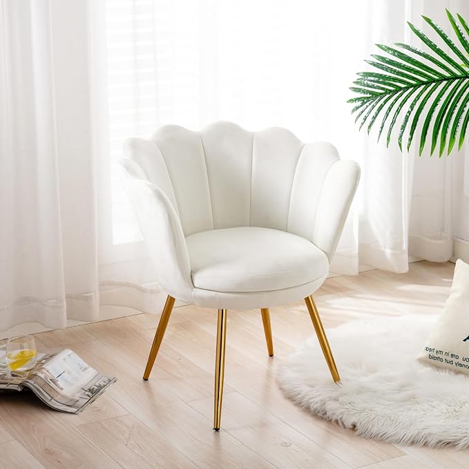 chairus Cream White Makeup Vanity Chair with Back Small Modern Velvet Upholstered Accent Chair with Gold Metal Legs Cute Shell Shaped Vanity Stool Desk Chair for Living Room Bedroom Dressing Room