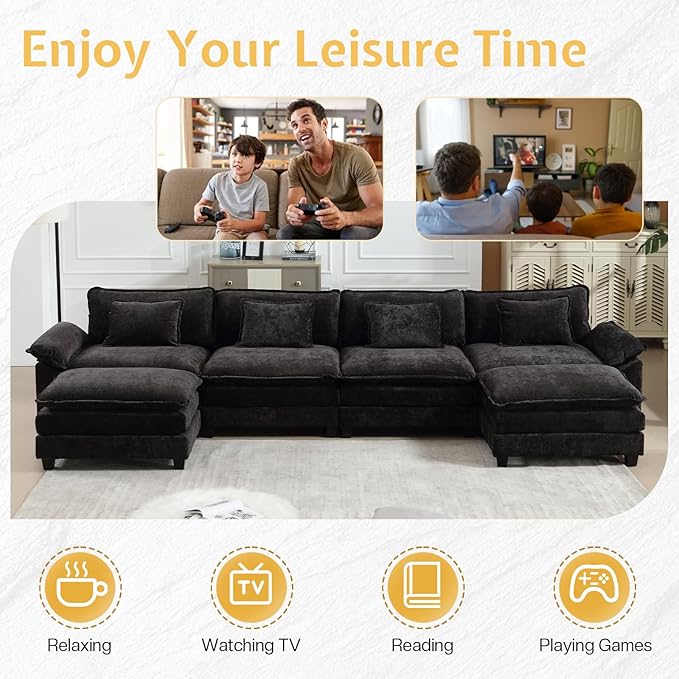 Modular Sectional Sofa Cloud Couch with Ottoman Deep Seat L Shaped Chenille Sofa Couches for Living Room Apartment (Black U-Shaped &amp 2 Ottoman)
