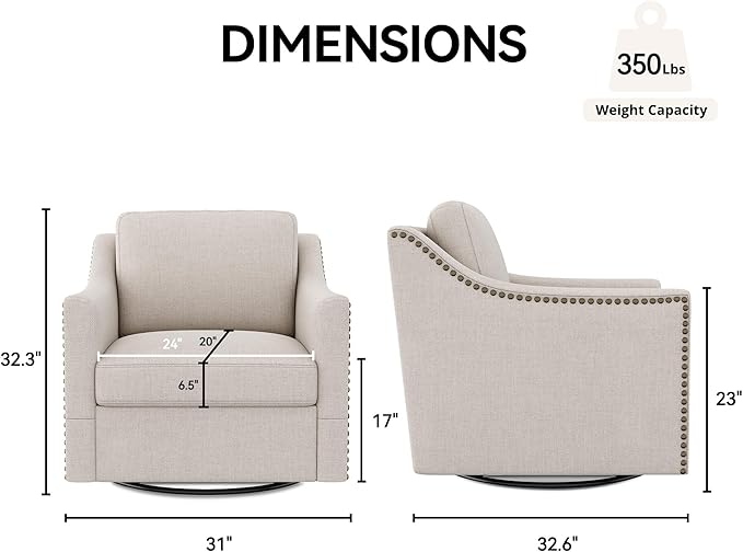 Swivel Accent Chair Set of 2 Modern Comfy Linen Upholstered Barrel Armchair with Nailhead Decor and Metal Base Soft Oversized Round Chair for Living Room Bedroom Club (2 Beige)