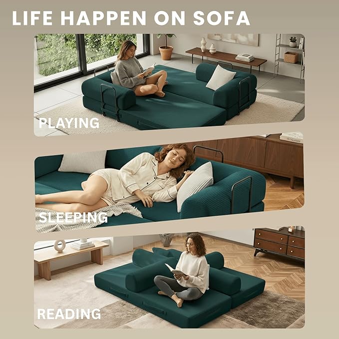 4-in-1 Folding Convertible Sofa Bed 77 Floor Couch with Pillow - Corduroy Fabric &amp High-Density Sponge &amp Fixed-Shape Frame Modular Sofa for Living Room/Lounge/Studio Green