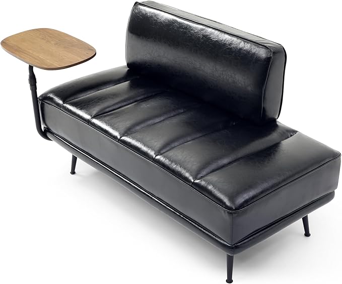 Modern Upholstered End of Bed Bench with 360-Degree Swivel Tray 2 Seater Sofa Couch with Side Table Settee Bench with Metal Legs Backrest for Living RoomEntrywayFoyer (PU-With Tray Black)