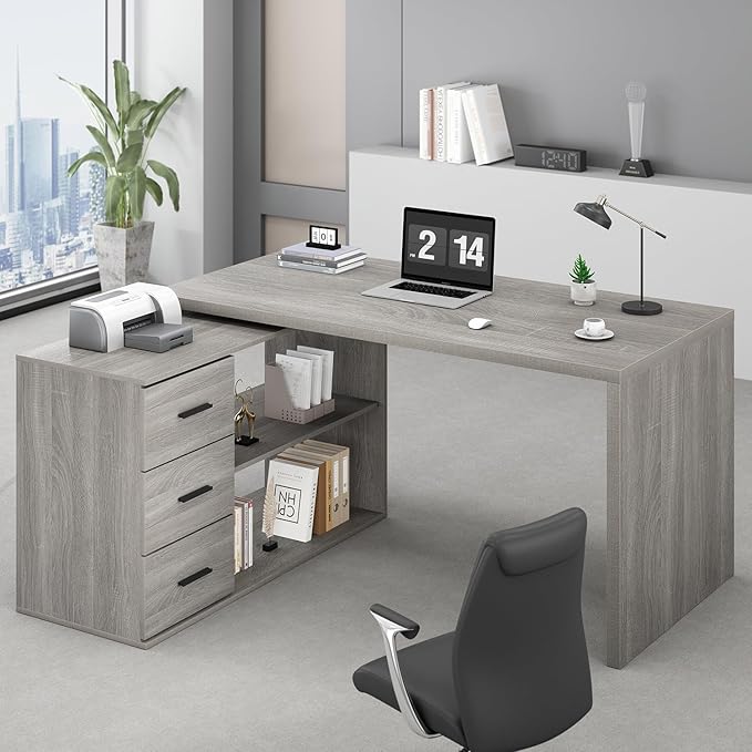 HSH L Shape Desk with Drawers L-Shaped Desk with Storage Cabinet Shelves Home Office Corner Computer Desk for Executive Writing Modern Wood Study PC Table in Bedroom Living Room Grey Oak 55 Inch