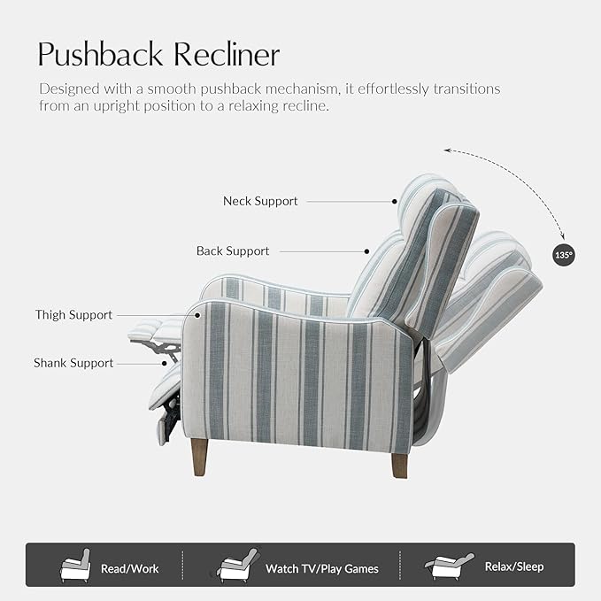 HULALA HOME Pushback Recliner Chair with Solid Wood Legs Fabric Striped Comfy Upholstered Seating with Footrest Armchair for Living Room/Reading Blue