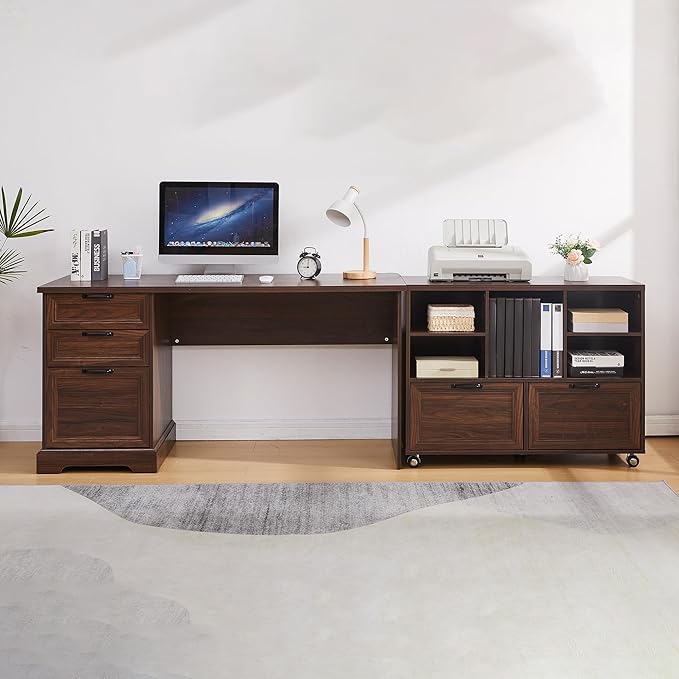 60 L-Shaped Executive Desk with 40 File CabinetFarmhouse Home Office Desk with Charging StationWood Computer Desk Set for Office WorkHome Study (Brown)
