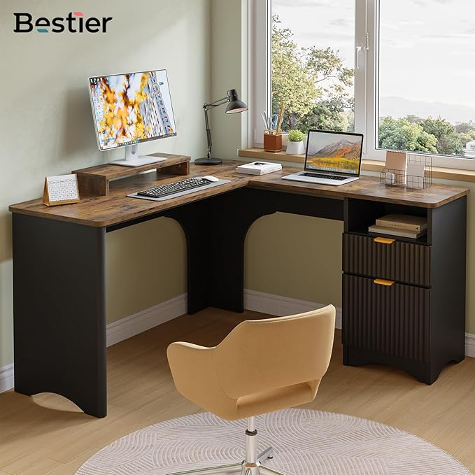 Bestier L Shaped Desk with File Drawer 55.7 x 55 Office Computer Desk with Round Corners Modern Desk with Monitor Stand &amp Fluted Panels for Home Office Black &amp Rustic Brown