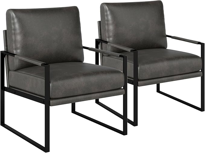 Mid Century Modern Faux Leather Accent Chair Set of 2 Metal Framed Armchair with Extra Soft Removable Seat Cushion &amp Backrest for Living Room Bedroom Waiting Room Easy to Clean (2 Dark Grey)