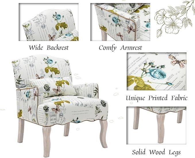 Floral Accent Chairs Set of 2 Farmhouse Upholstered Armchair Reading Chair Mid Century Modern Single Sofa Chair with Pillow for Bedroom/Living Room/Fireplace Beige&ampGreen Butterfly Pattern