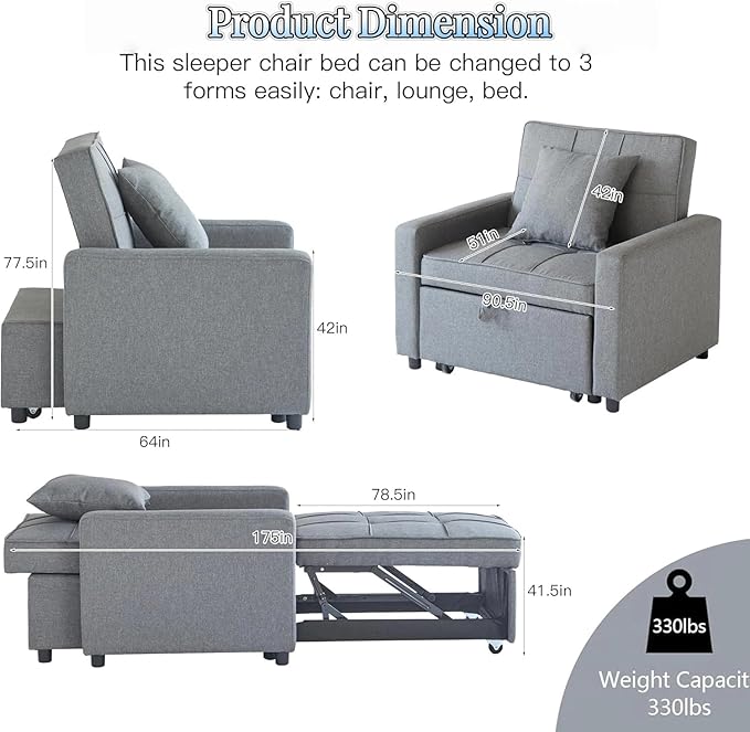 3-in-1 Convertible Sleeper Chair Pullout Chair with Extra Pillow Recliner Sofa Bed with 4 Adjustable Angles Convertible Lazy Sofa Bed for Small Spaces Home Office Light Gray