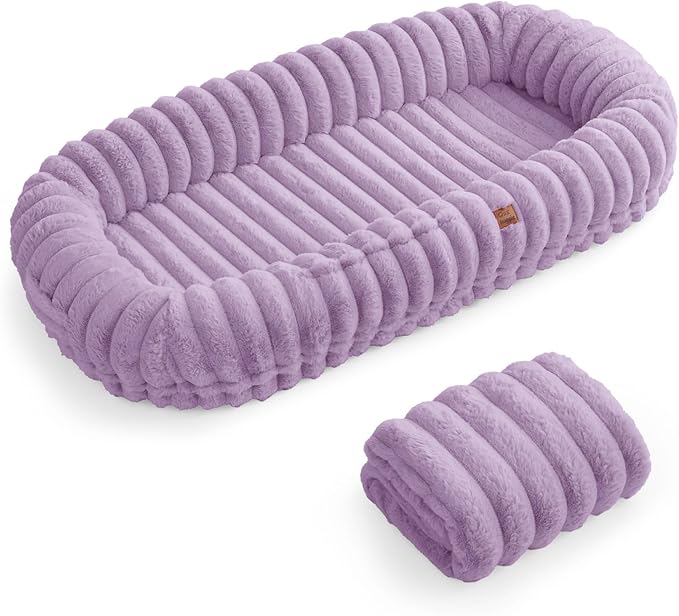 Human Dog Bed for Adult - Luxury Striped Faux Fur Giant Dog Bed with Portable Handle Egg Orthopedic Foam Pad with Thick Blanket 72x40x10 Purple