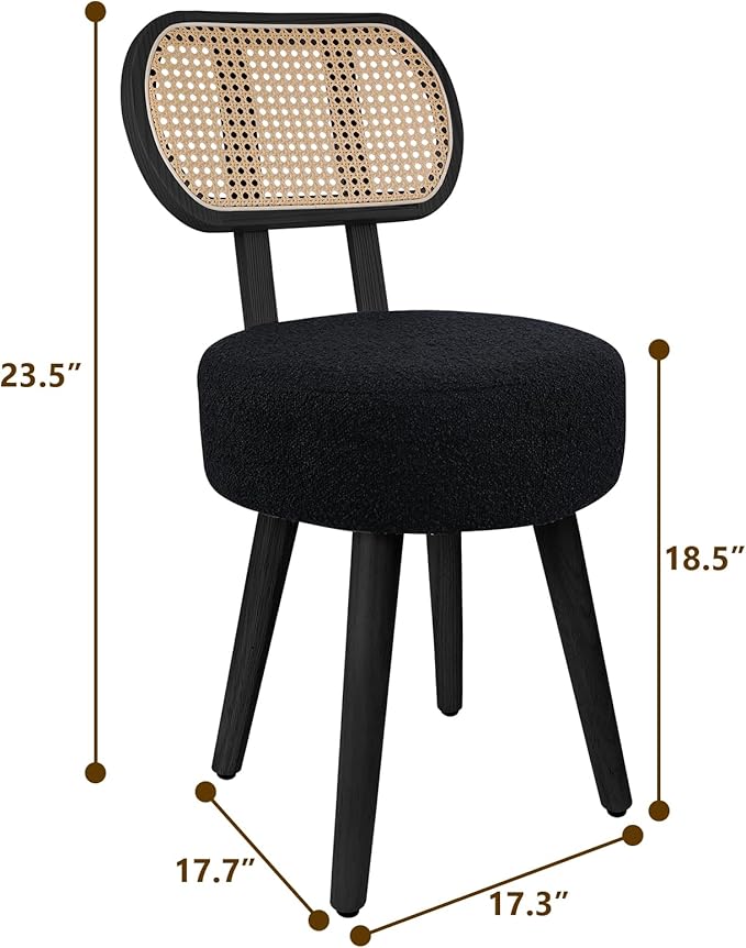 ZYBT Rattan Dining Chair Boho Makeup Vanity Chair for Makeup Room Mid Century Modern Boucle Chair Black Cane Dining Chairs Upholstered Wood Accent Chair Cute Sherpa Chair with Back 1 Pc