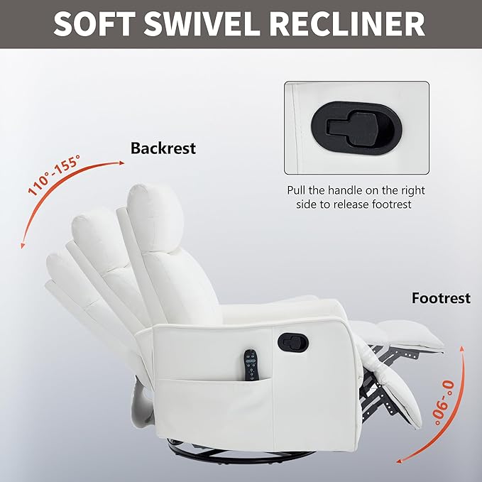 White 360° Swivel Rocker Recliner Chair Massage Reclining Chair with 8-Point Vibration &amp Lumbar Heat for Adults Elderly 155° Recline Easy Assembly for Living Room