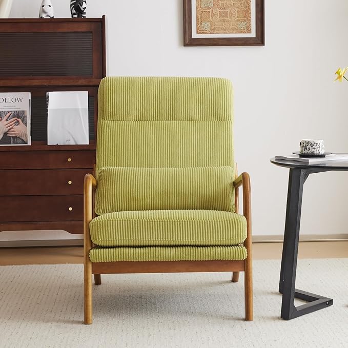 Karl home Mid-Century Modern Accent Chair Living Room Chairs with Pillow High Back Corduroy Upholstered Lounge Armchair with Solid Wood Frame &amp Soft Cushion for Bedroom Reading Room Green