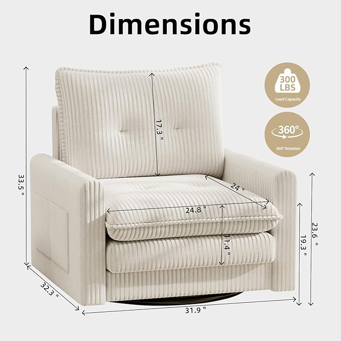 Cozy Swivel Accent Chair Modern Oversized Single Sofa with Armrest Comfy Upholstered Armchair Sofa Large Corduroy Accent Chair for Living Room Bedroom Reading Room Cream Beige
