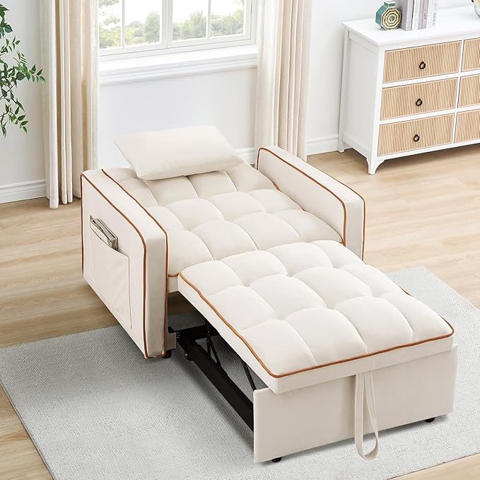 3 in 1 Convertible Sleeper Sofa Chair BedVelvet Tufted Upholstered Pull Out Sleeper Chair with Adjustable Backrest &amp Side PocketsModern Lounger Bed Recliner for Living Room/Office/Small Space(Be