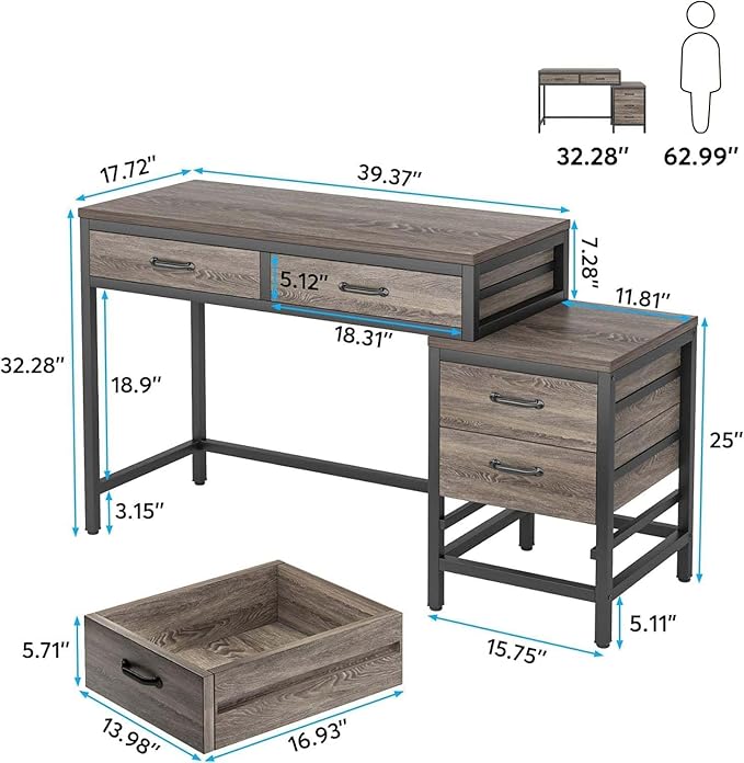 Computer Desk with Adjustable Position Drawers Gray Gaming Desk with Storage Compact Home Office Desks Vanity Desks Without Mirror for Bedroom/Study Writing