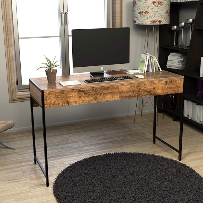 ERGOMASTER Home Office Desk with Drawers Black Modern Wood Desk Laptop Writing Computer Room Work Table for Bedrooms (44 Rustic)