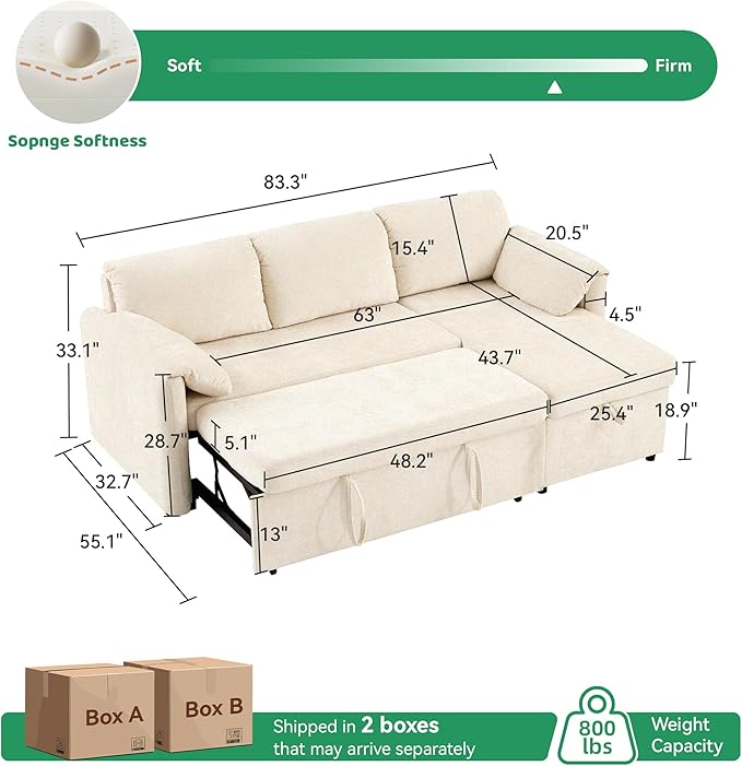 Tbfit Pull Out Sofa Bed with Chair 3 in 1 Sleeper Sofa Couch with USB &amp Storage Chaise Comfy Convertible Sleeper Sofas for Living Room Small Spaces White
