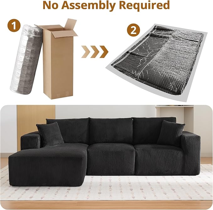 Sectional Cloud Boneless Couch 108 Modern Comfy L-Shape No Assembly Required Convertible Compression Sleeper Modular Sofa with Corduroy Fabric Deep Seat Loveseat + Chaise for Living Room