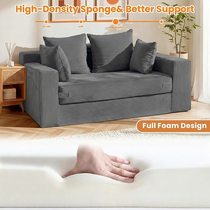 Winzon Boneless Loveseat 3 in 1 Convertible Sofa Bed Sleeper Sofa Floor Futon Bed with 4 Pillows 55 Grey Boneless Couch for Living Room Guest Room Small Space No Assembly Required Corduroy