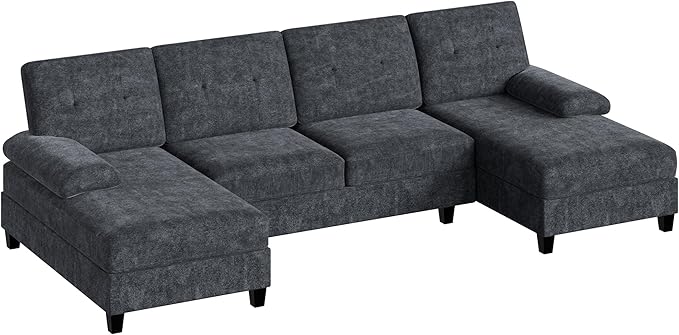 Shintenchi U-Shaped Sectional Couches for Living Room 4 Seat Sofa with Double Chaise LoungesSolid Wood Frame Sectional Sofa for ApartmentDark Grey