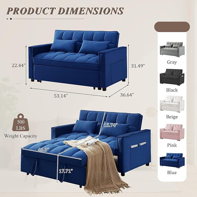 3 in 1 Convertible Sleeper Sofa Bed Futon Couches for Living Room with Side Pocket/Adjustable Backrest Velvet Upholstered Pull Out Couch Small Loveseat Sofa Bed for Bedroom Office Small Spaces