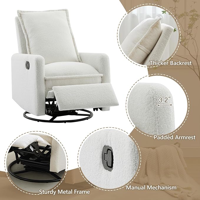 Lazy Boy Glider Recliner Nursery Chair with Comfy Cushion Swivel Rocking Recliner for Small Spaces Boucle (White)