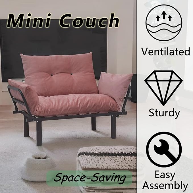 49 Mini Couch with Mattress Included Small Loveseat Sofa Chair for Small Space Oversized Accent Chair and a Half Metal Frame (Pink)