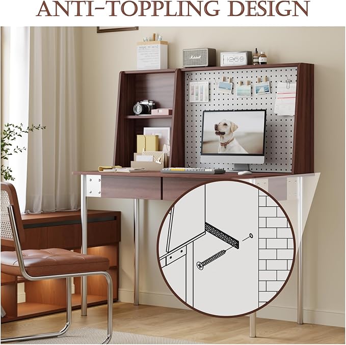 JOMEED Computer Desk with Hutch &amp DIY Pegboard Board 47 Inch Modern Home Office Study Writing Desk with Bookshelf &amp 2 Drawers Workspace for Work and Study Walnut