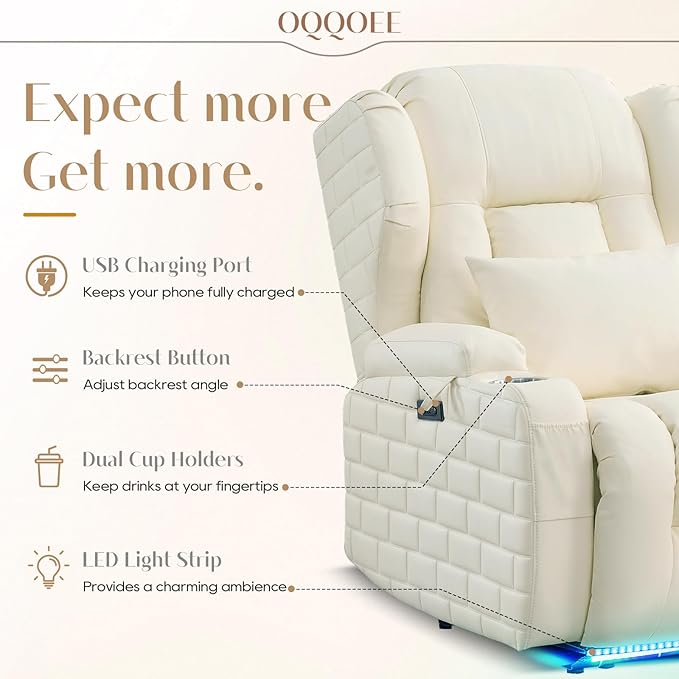 Wall Hugger Power Recliner Chair with Massage &amp Heat Electric Home Theater Reclining Chair with Cup Holder USB Port LED Light Faux Leather Living Room Chair (Beige White Single)