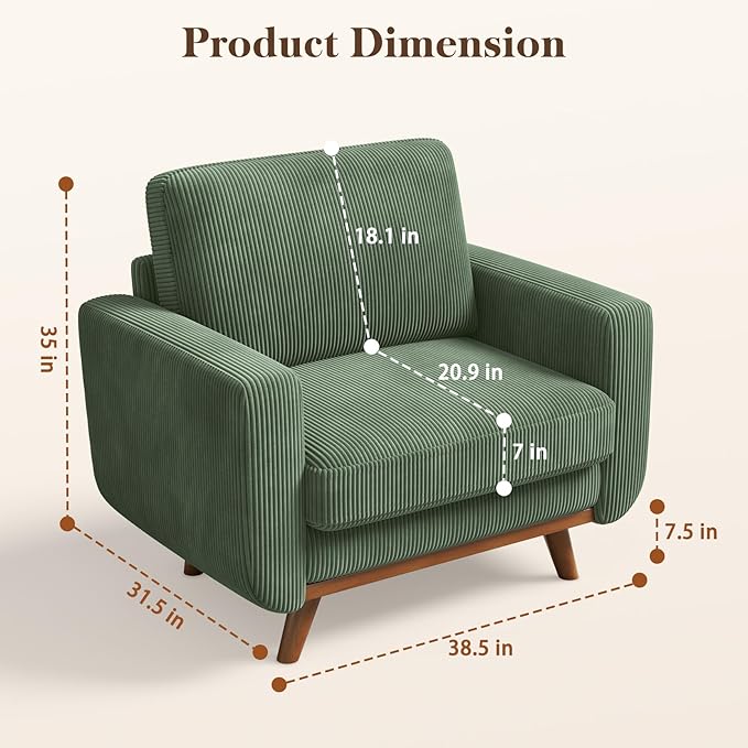 Vesgantti 38.5 Accent Chair Green Comfy Corduroy Single Sofa Seat with Spring Cushion Upholstered Armchair with Deep Seat Reading Chair for Adults Modern Sofa for Living Room Bedroom
