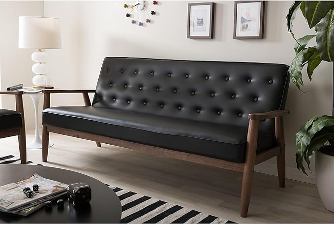 Baxton Studio Sorrento Mid-Century Retro Modern Faux Leather Upholstered Wooden 3-Seater Sofa Black