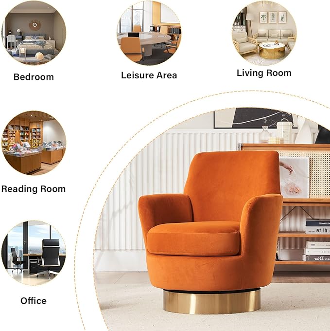 Swivel Barrel ChairModern Velvet Upholstered Round Swivel Accent Chairs with Tall Backrest360 Degree Single Sofa Chair Armchair for Living Room (Orange*1PCS)
